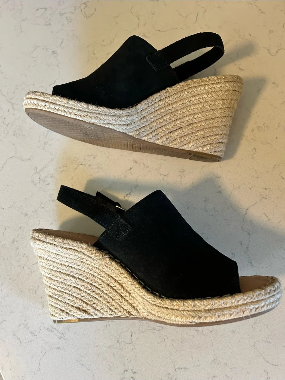 TOMS Monica Black Suede Leather Wedge Espadrille Sandals
